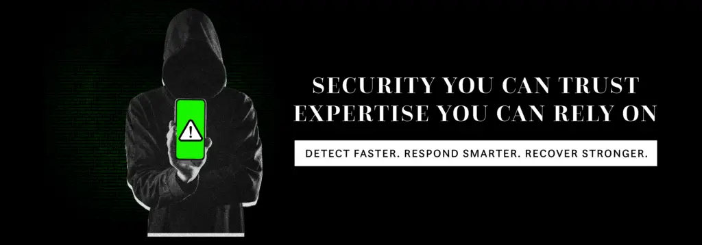 Cybersecurity solutions banner with text: 'Security you can trust, expertise you can rely on' and 'Detect faster. Respond smarter. Recover stronger.