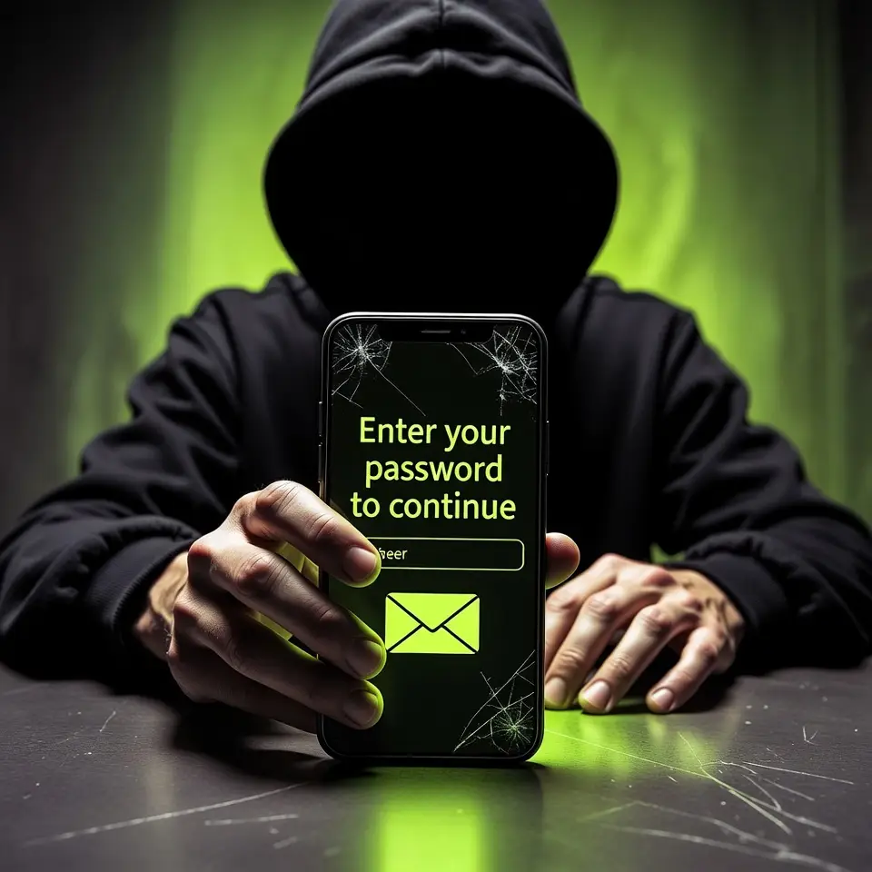 Criminal holding a phone attempting to steal passwords, illustrating cybersecurity tips